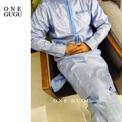 Elegant blue cotton pants matching the premium African men's shirt, perfect for traditional occasions and stylish outings.