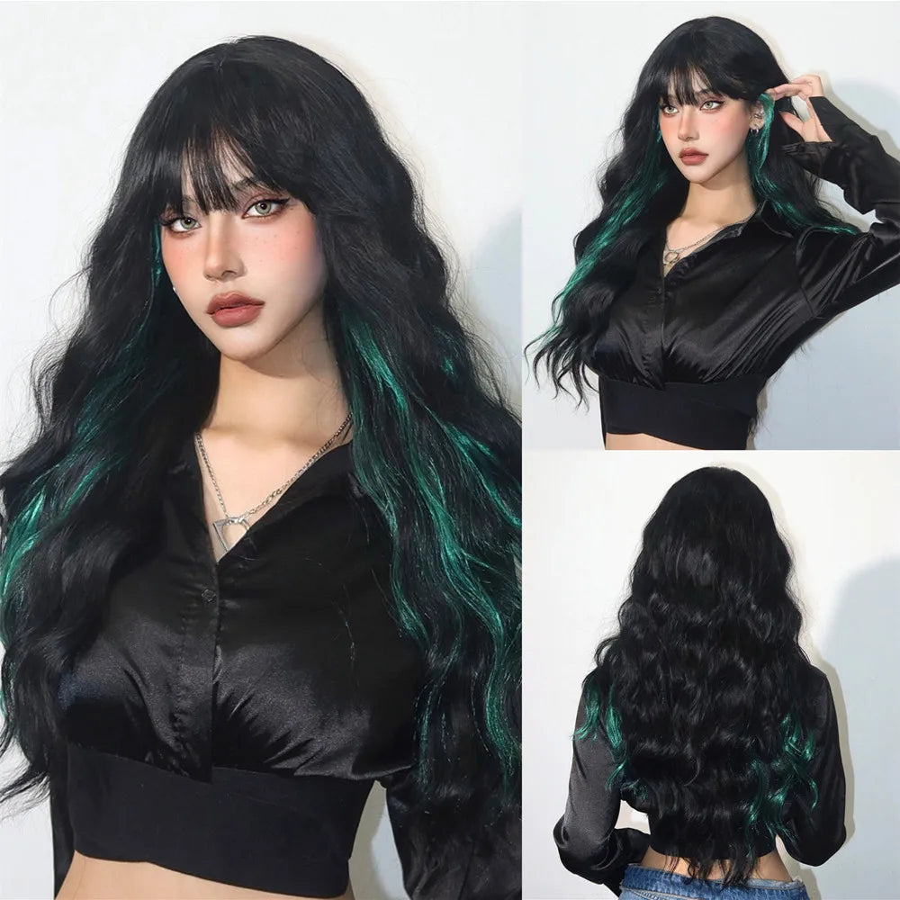 Sophisticated 26-inch long synthetic wig with bangs, combining comfort and glamour for versatile styling options.