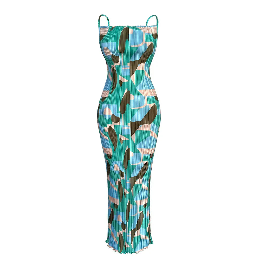 Chic silhouette of a pleated bodycon dress designed for women, emphasising a slim fit and a fashionable beach style.