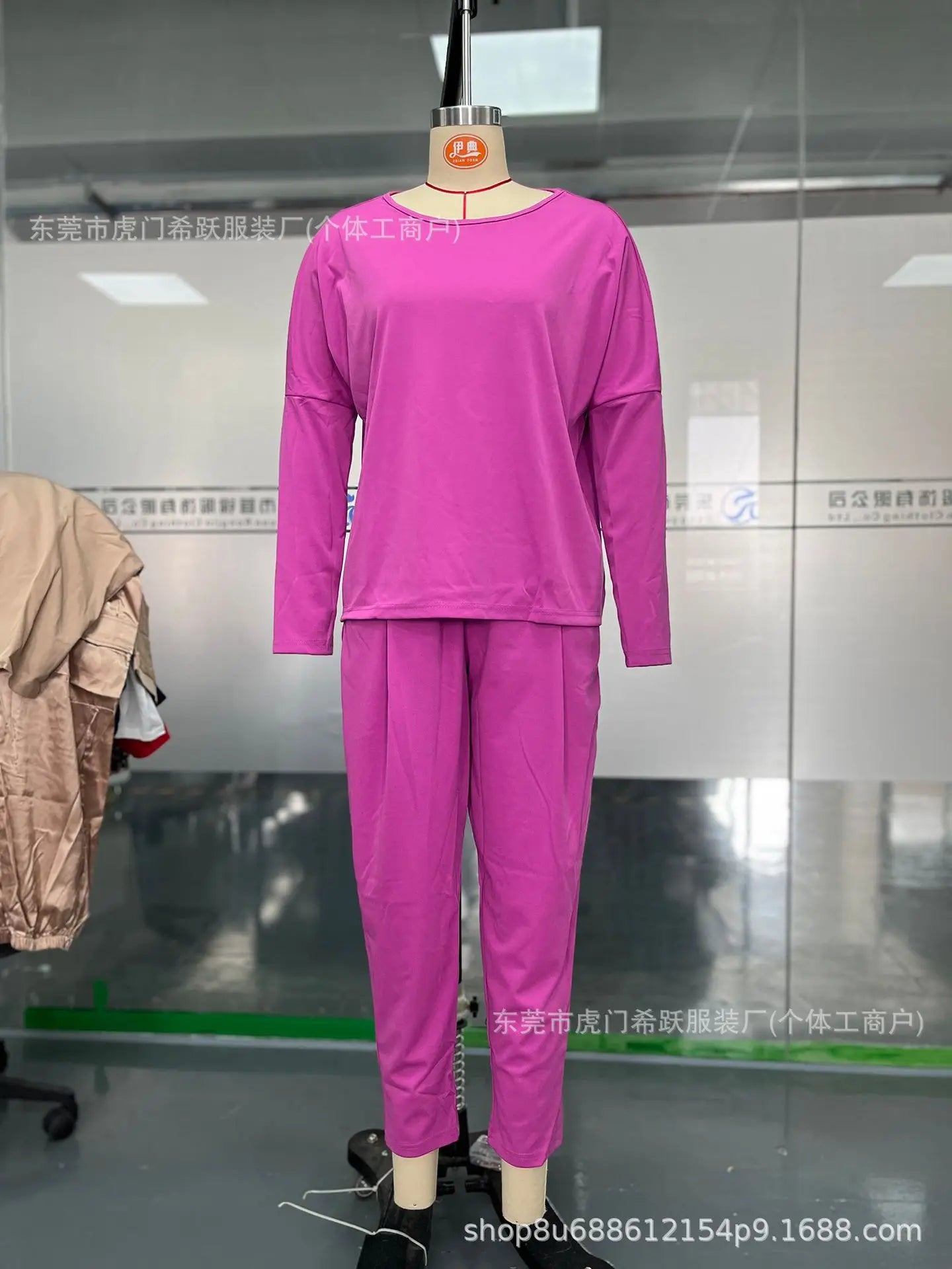 Chic women's two piece set displayed on a model, highlighting the flattering regular fit and elegant silhouette of the full sleeve top and ankle-length pants.