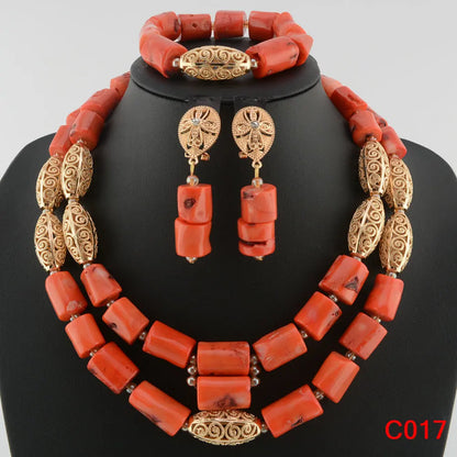 Complete Luxury Coral Bead Jewelry Set, showcasing the exquisite necklace, earrings, and bracelet for glamorous occasions.