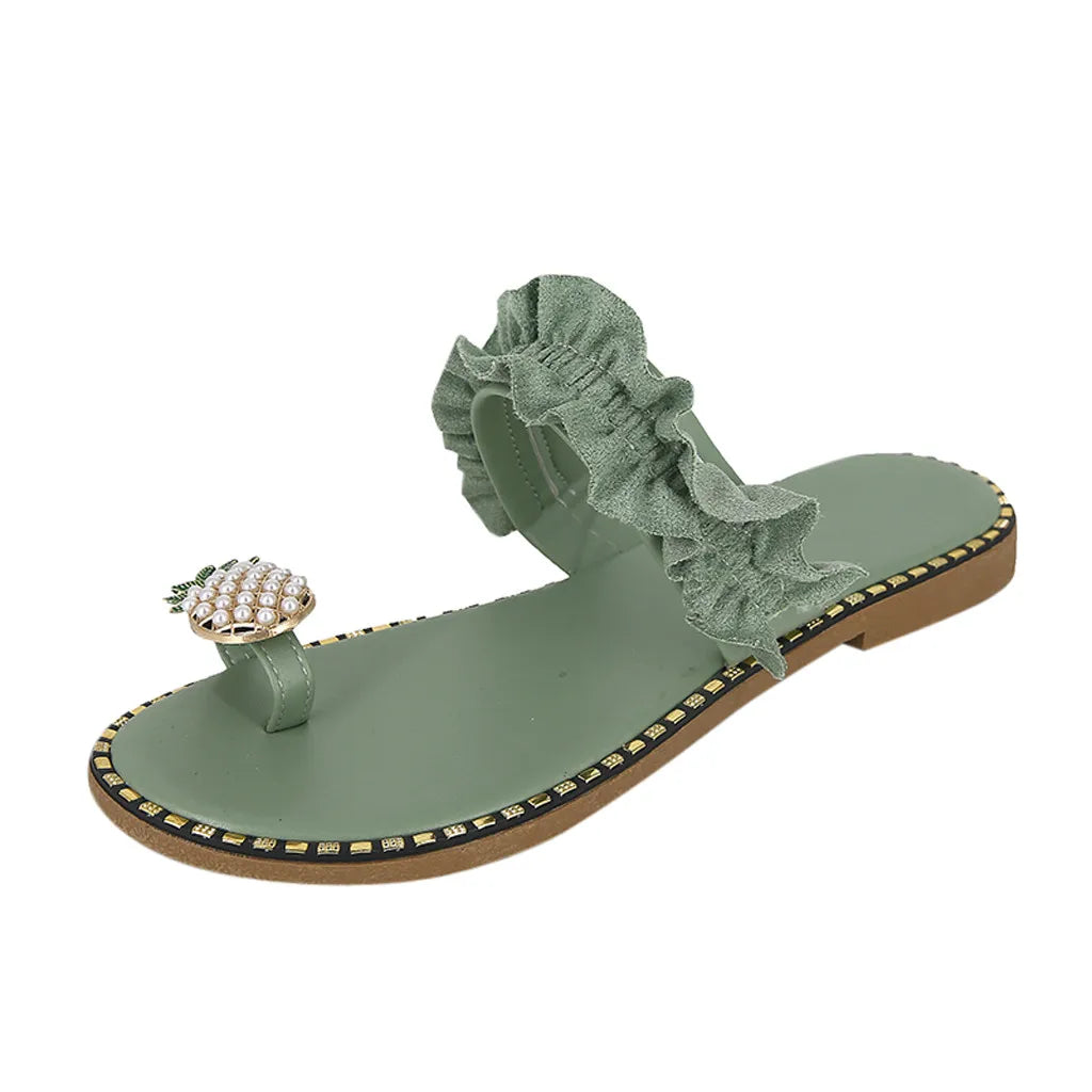 Elegant women’s pineapple pearl flat toe sandals in plus sizes, showcasing bohemian design ideal for summer beach outings.
