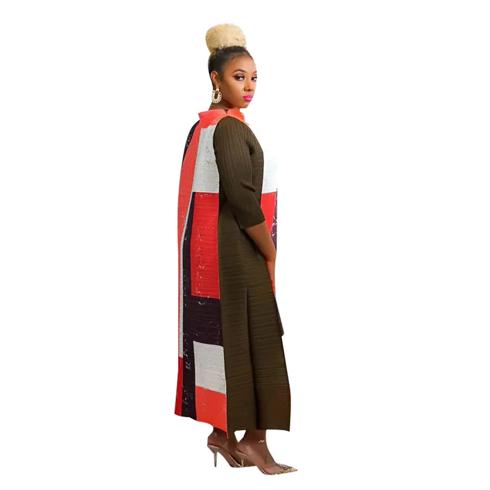 Luxurious red pleated long dress for women, showcasing intricate African-inspired patterns and a flattering plus size fit.