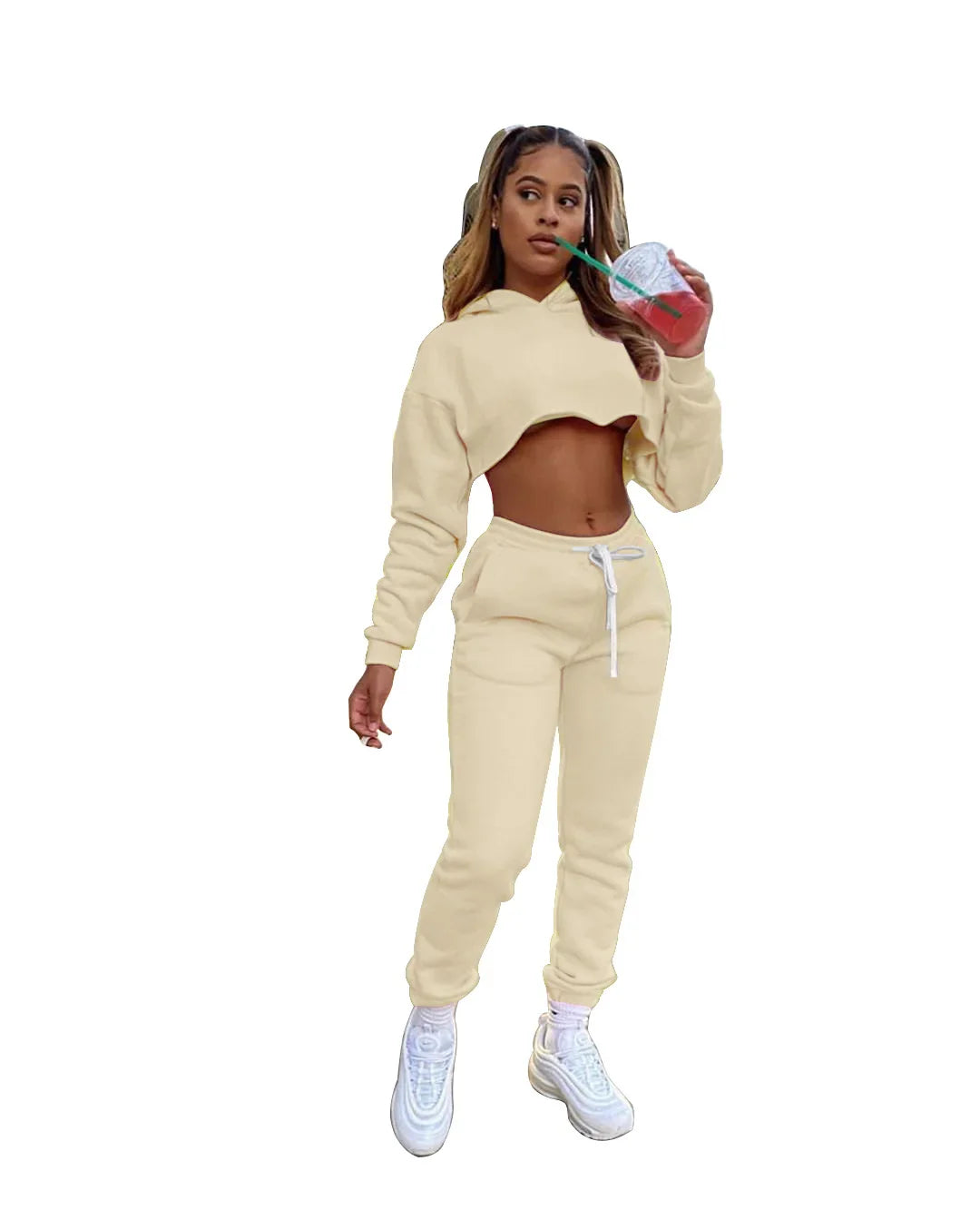 Elegant image showcasing the pink fleece long sleeve cropped hoodie, part of a luxury women's running set, highlighting its premium fabric and stylish design.