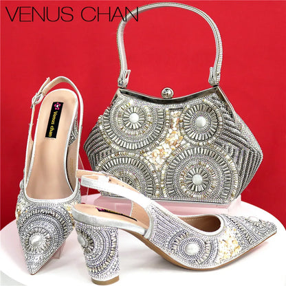 Fuchsia high-heel pointed toe pumps paired with a stunning handbag, designed for upscale social gatherings.