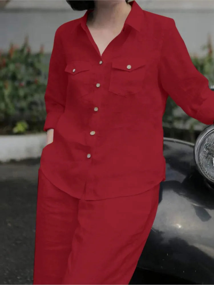 Stylish women's two-piece ensemble with solid yellow long sleeve shirt and wide leg pants, exuding luxury and elegance for holidays and streetwear.