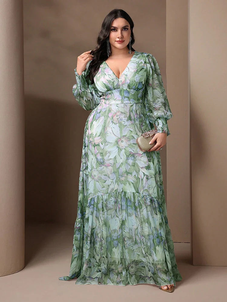 TOLEEN Plus Size Women's V-Neck Floral Print Long Dress featuring elegant lantern sleeves and stylish ruffles, perfect for spring and summer occasions.