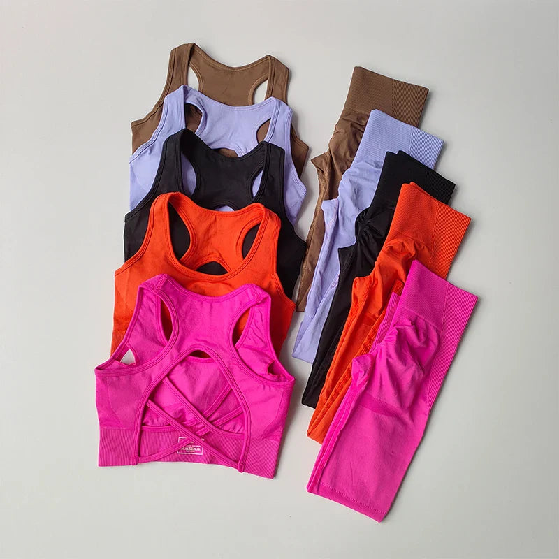 Elegant women's fitness set featuring a shockproof sports bra with intricate back design, perfect for yoga workouts.