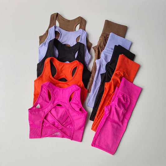 Elegant women's fitness set featuring a shockproof sports bra with intricate back design, perfect for yoga workouts.