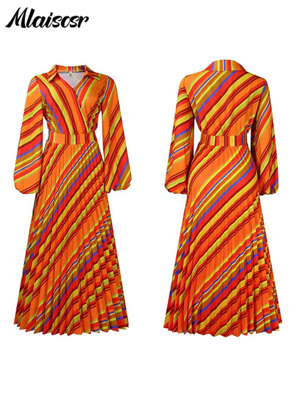 Fashionable presentation of the Mlaiscsr Striped Midi Dress featuring a natural waistline and pleated design, epitomizing refined bohemian fashion for chic women.
