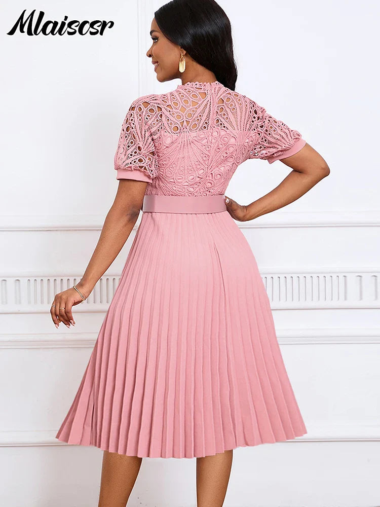 Complete view of Mlaiscsr Luxury Pleated Dress in sophisticated solid colour, showcasing its elegant silhouette and premium fabric choice.