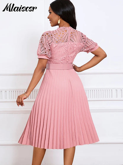 Complete view of Mlaiscsr Luxury Pleated Dress in sophisticated solid colour, showcasing its elegant silhouette and premium fabric choice.