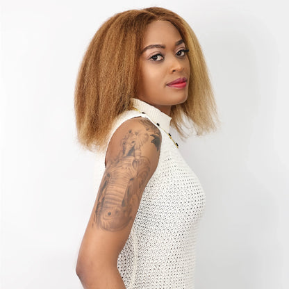 Elegant close-up of Kinky Straight lace frontal wig, highlighting the intricate Swiss lace base and gorgeous brown-blonde highlights.