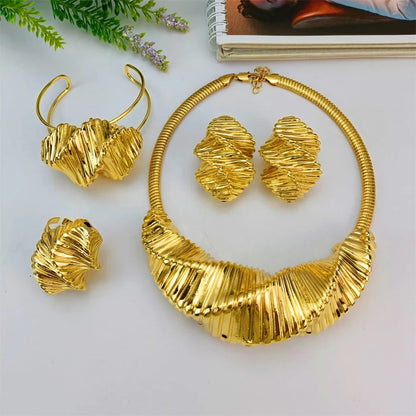 Luxury women's jewelry set featuring a stunning big geometric necklace and matching earrings in Italian style, perfect for elegant occasions such as weddings and parties, crafted from high-quality 18K gold plating.