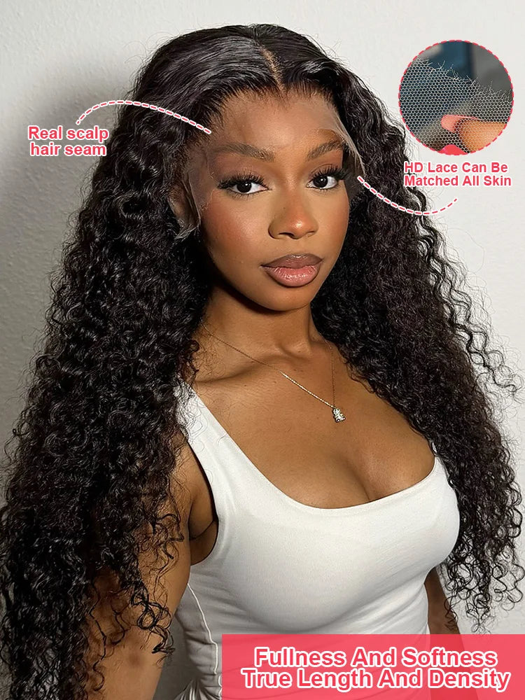 Close-up view of a 100% Brazilian human hair deep wave lace frontal wig, highlighting the exquisite texture and quality craftsmanship of the lace front.