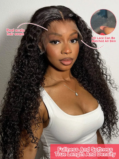 Close-up view of a 100% Brazilian human hair deep wave lace frontal wig, highlighting the exquisite texture and quality craftsmanship of the lace front.