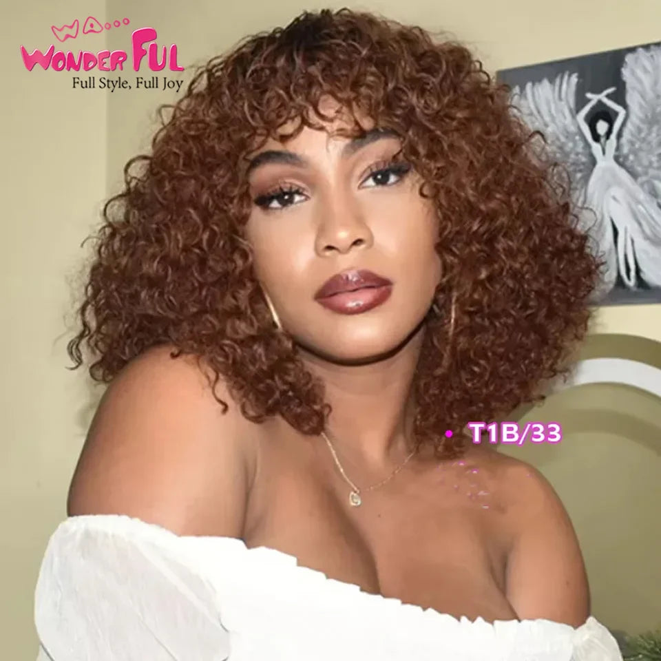 Elegant short-length luxury Bob Wig made with Brazilian Remy hair, featuring beautiful curls and trendy bangs, perfect for sophisticated looks.