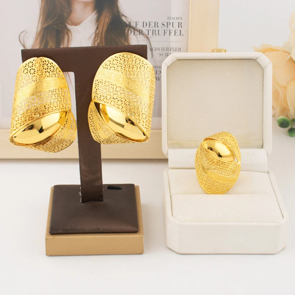 Complete set of elegant gold plated jewellery including a bow tie necklace and matching earrings, ideal for adding a touch of luxury to any special event.