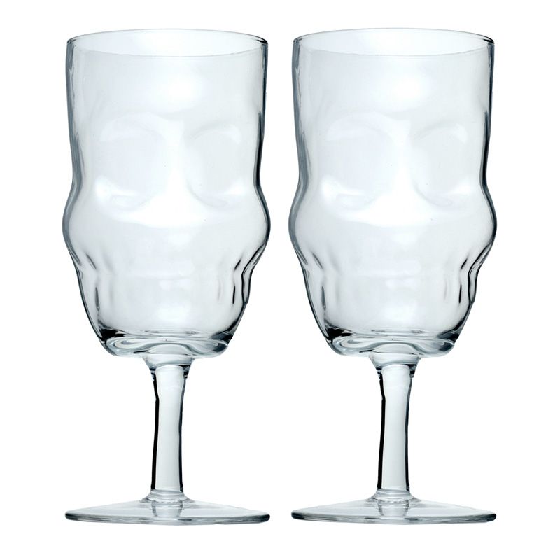 Set of two unique Gothic skull wine glasses, ideal for enjoying wine with a partner, showcasing an eye-catching and stylish design.