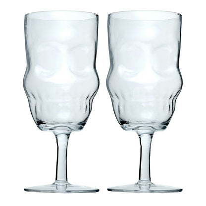 Set of two unique Gothic skull wine glasses, ideal for enjoying wine with a partner, showcasing an eye-catching and stylish design.