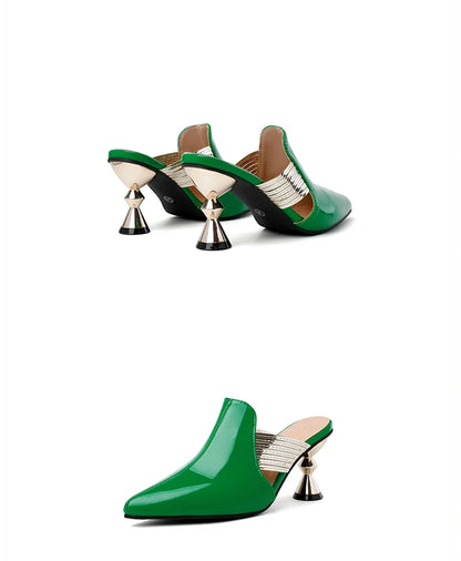 Fashionable green high heel slippers with a quirky heel design, combining elegance and comfort for the discerning woman during summer.