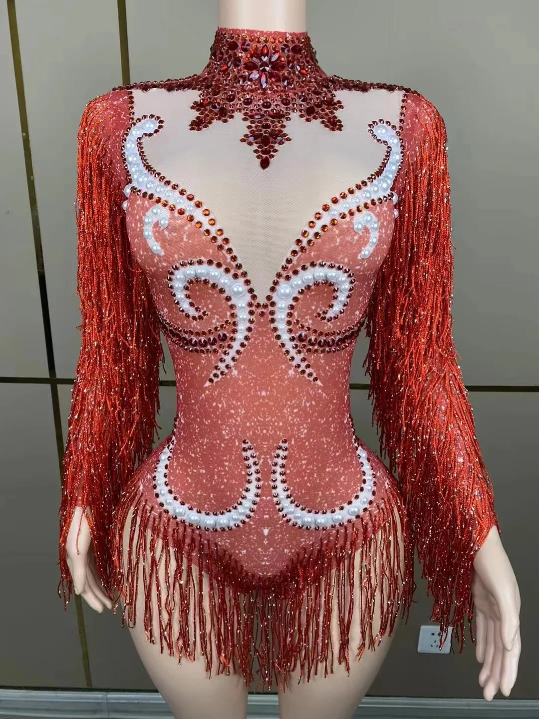 Exquisite luxury women's cha-cha dance practice suit featuring a slim stretch skirt with elegant fringe design and stunning pearl accents.