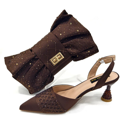 Stylish Nigerian women's high-heeled shoes with pointed toe design and butterfly-knot element, ideal for special events.