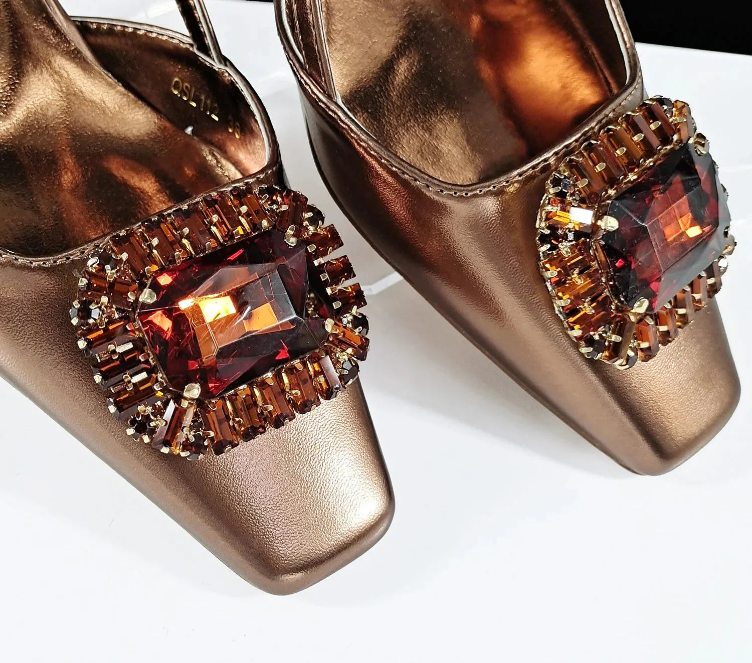 Elegant luxury women's rhinestone pumps in coffee colour, featuring a stylish slingback design, perfect for upscale occasions.