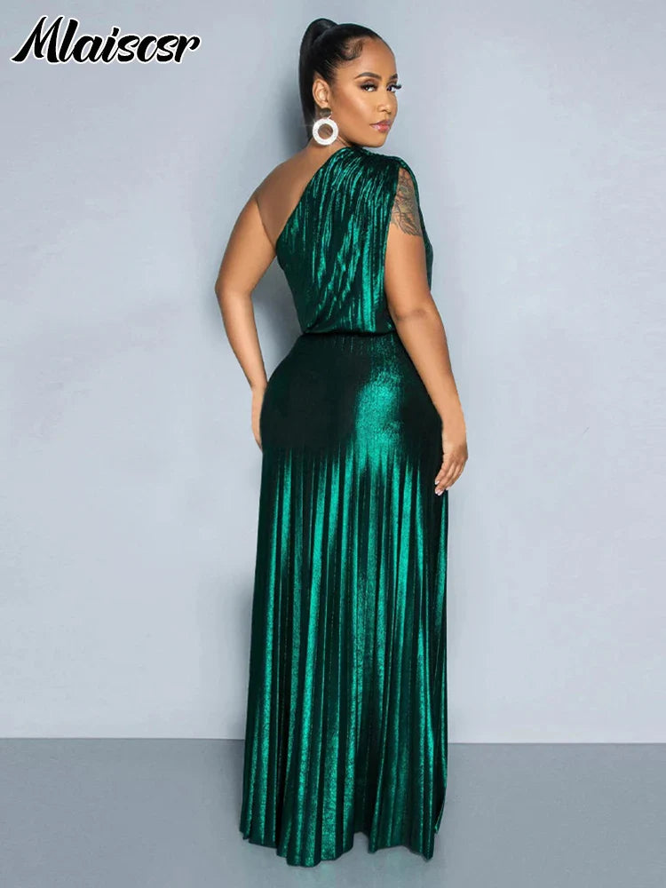 Sophisticated women’s A-line evening dress in luxurious metallic gold, designed for elegance and glamour at any formal event.