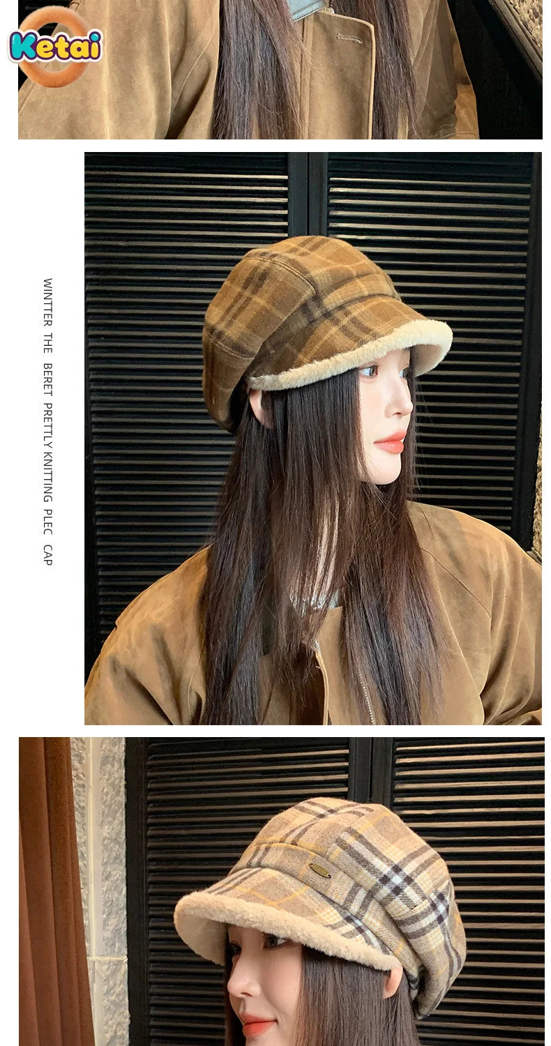 Sophisticated women's luxury hat in plaid design, perfect for spring and autumn outings.