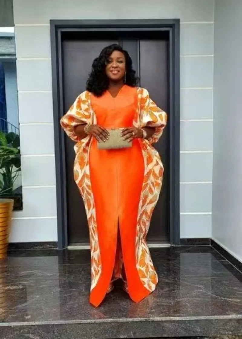 Luxury African Muslim fashion caftan dress, featuring elegant orange and beige fabric, perfect for evening parties and traditional occasions.