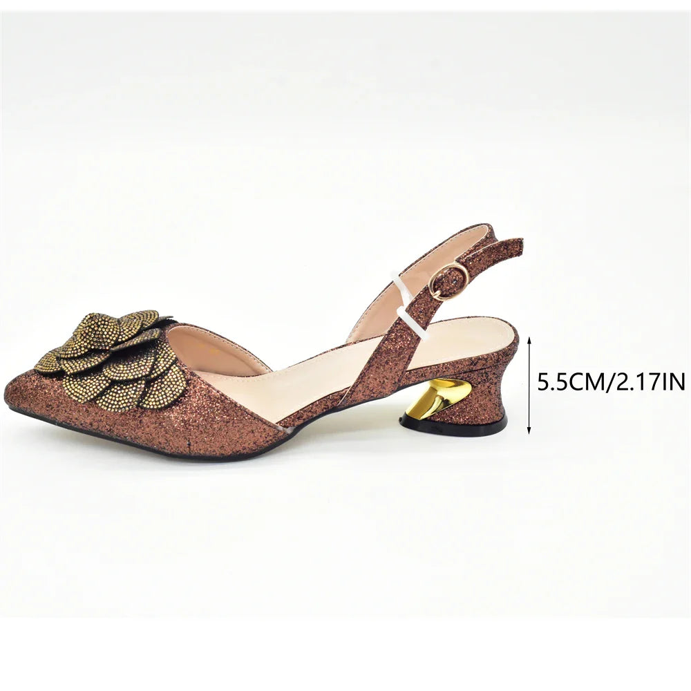 Elegant luxury women's rhinestone shoe and bag set in gold, ideal for weddings and parties, size 38-43.