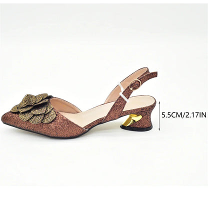 Elegant luxury women's rhinestone shoe and bag set in gold, ideal for weddings and parties, size 38-43.