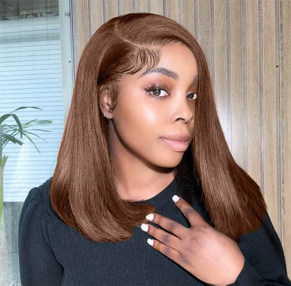 Luxurious Chocolate Brown 12A Double Drawn Bob Wig displayed with 210% density, showcasing the exquisite quality of human hair in a 10-16 inch length and 13x4 lace front design.