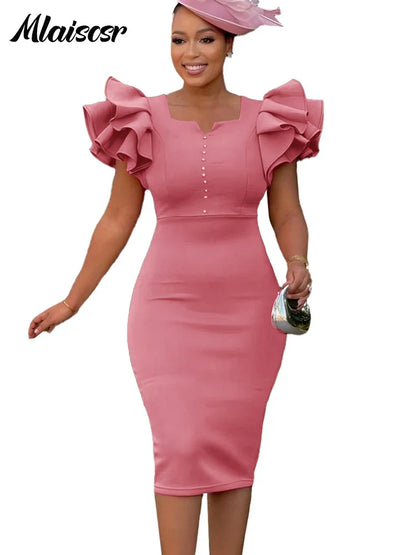 Chic and stylish polyester midi dress with a square collar, designed for the contemporary woman in the office.