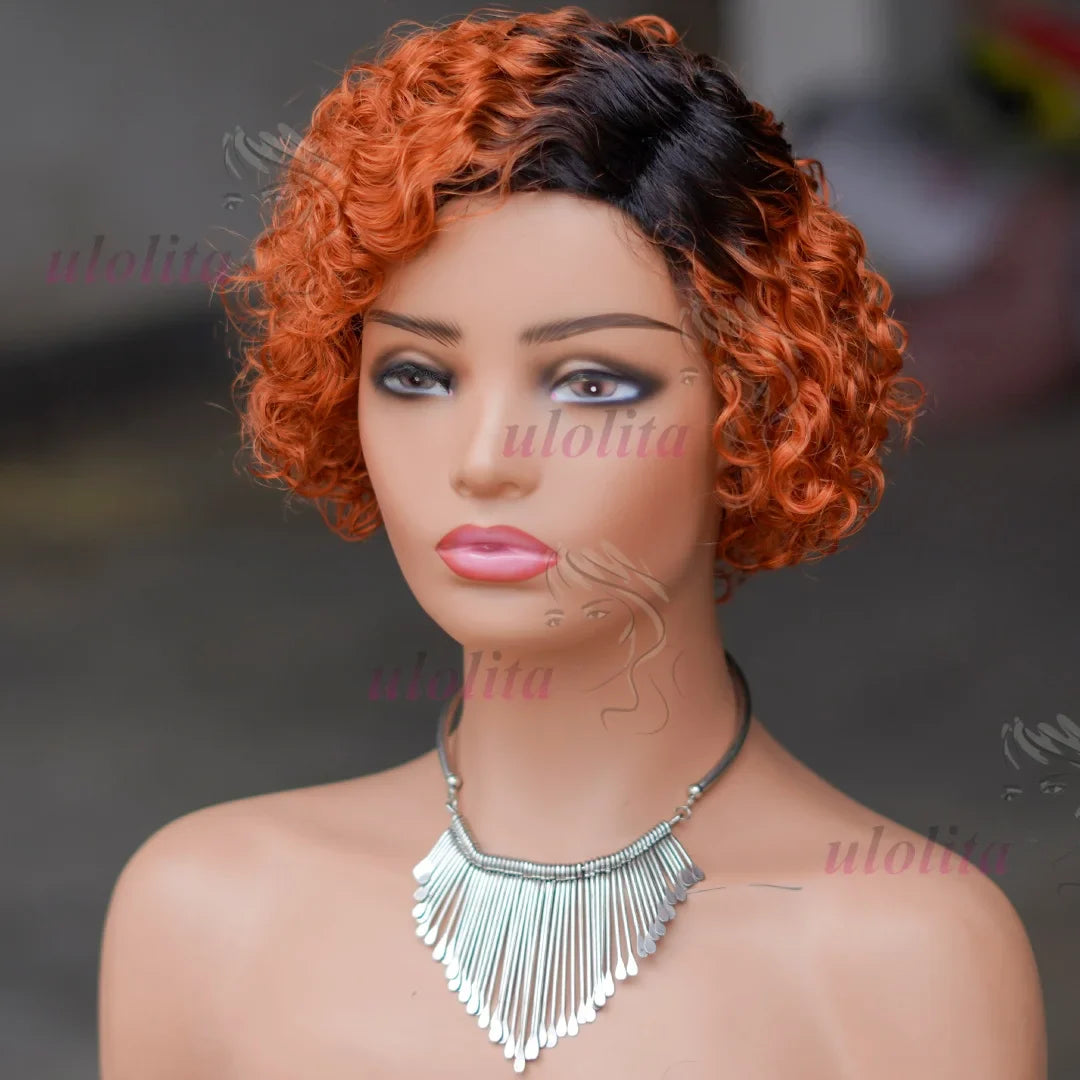 Close-up of the Ombre Blonde T1B27 Pixie Cut Curly Bob Wig highlighting the bouncy curls and natural-looking colour transitions, perfect for luxury styling.