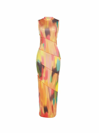 Chic BWQ Maxi Dress in an eye-catching tie-dye print, designed with an elegant asymmetrical neckline for a touch of luxury.