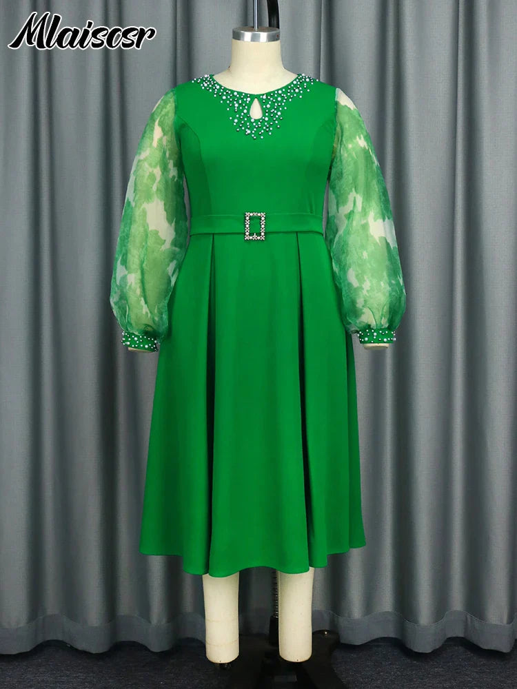 Sophisticated mid-calf Mlaiscsr dress in green, showcasing intricate embroidered flares and full lantern sleeves, ideal for professional settings and elegant gatherings.