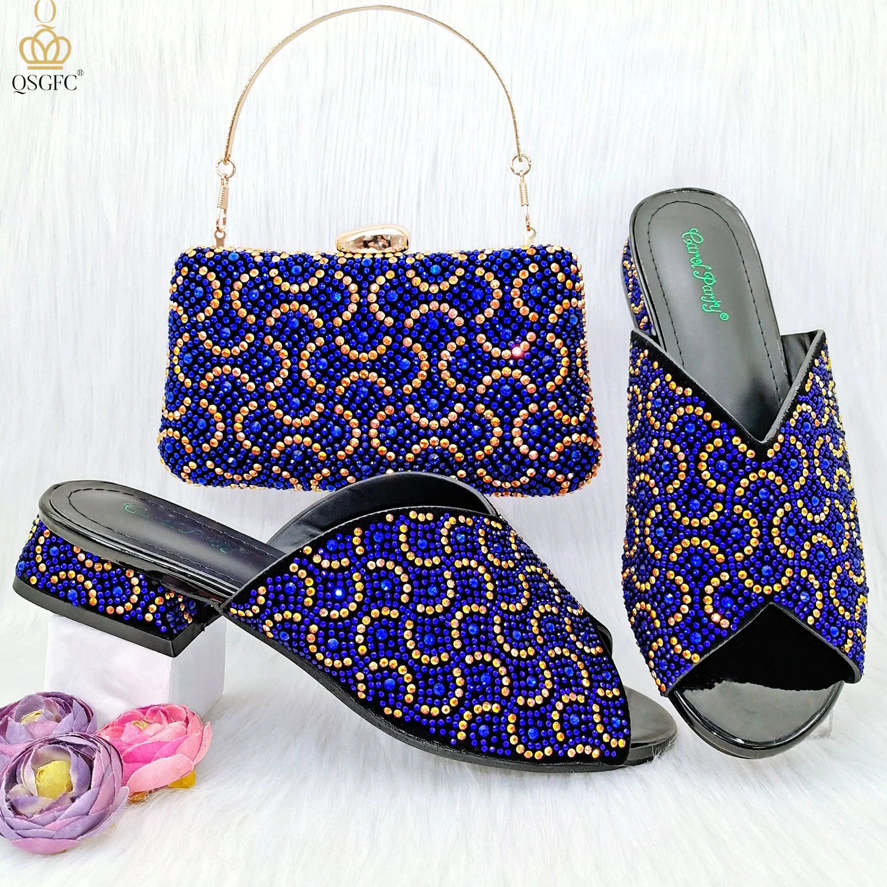 Complete look of QSGFC Italian crystal high heel sandals set with matching bag, tailored for the sophisticated woman seeking style and elegance.