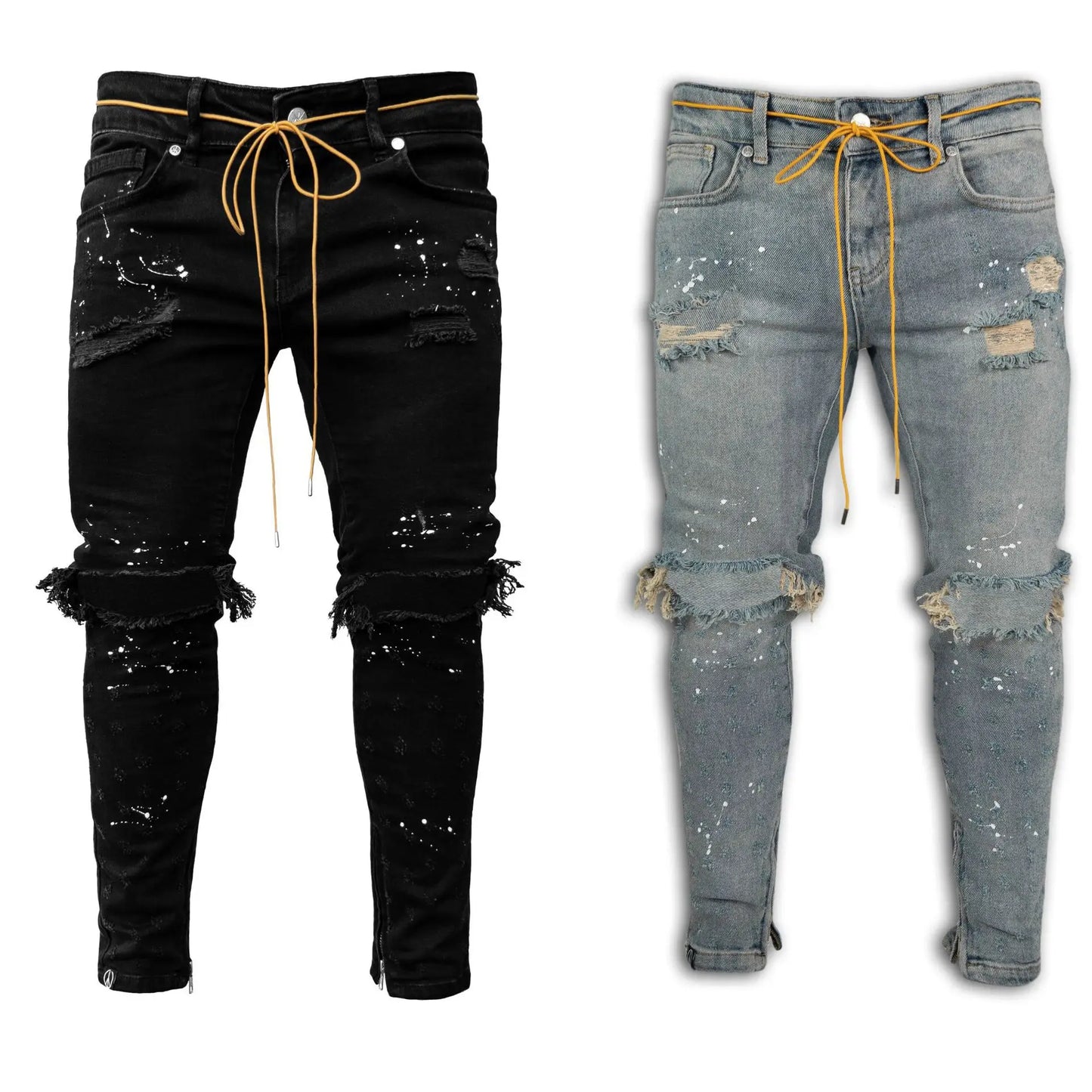 Elegant full length trousers for men, ideal for clubbing and parties, showcasing a trendy distressed aesthetic.
