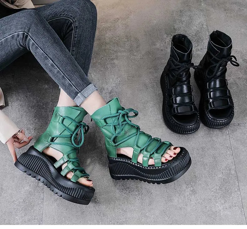 Elegant Koznoy 8cm ethnic cow leather hollow peep toe wedge ankle booties for women, showcasing sophisticated summer fashion.