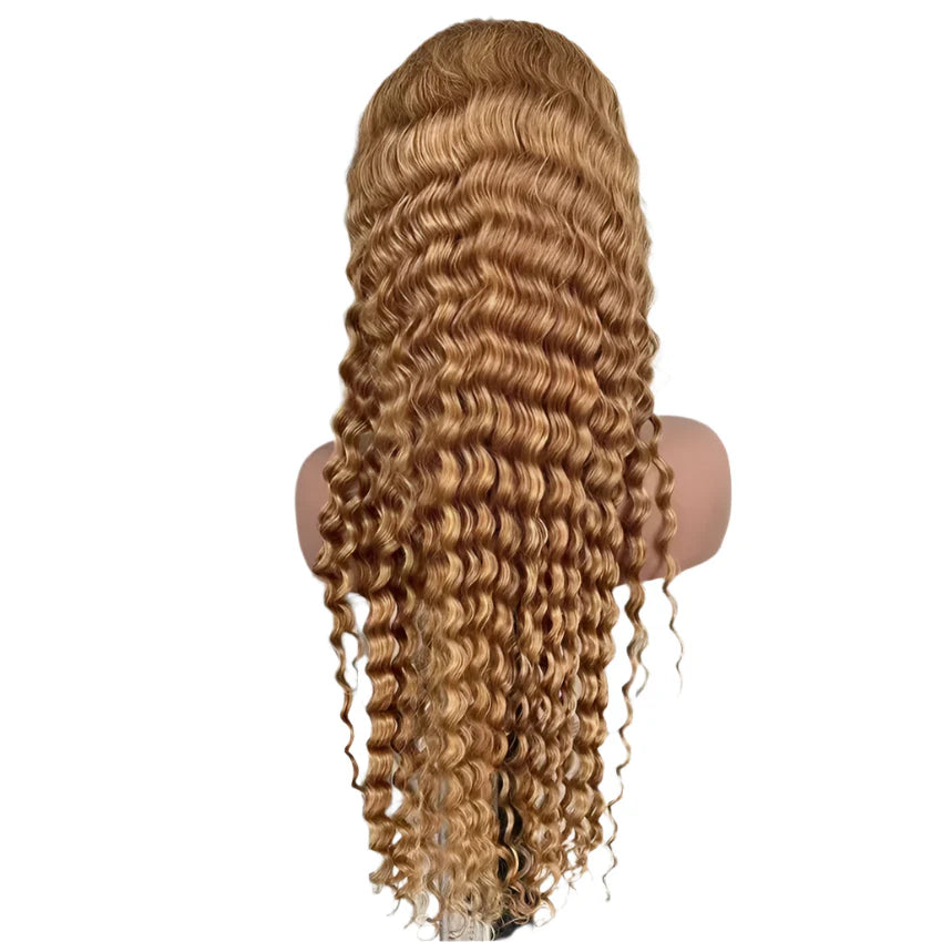 Premium 200 Density 13x4 HD Lace Front Wig with deep wave texture in 27# light brown colour, crafted from luxurious Remy human hair for ultimate realism.
