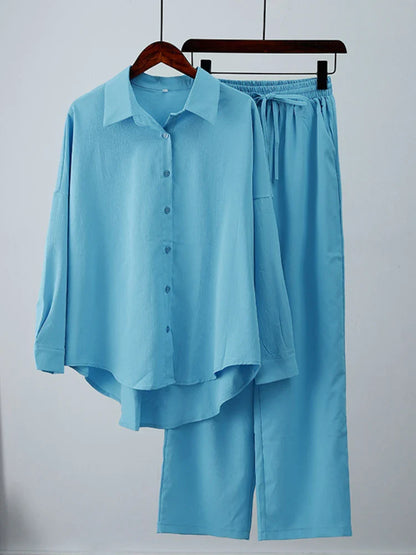 Luxury Women's Casual Spring/Summer Outfit Set featuring a loose elastic long sleeve polo-neck shirt and wide leg pants, perfect for stylish daytime wear.
