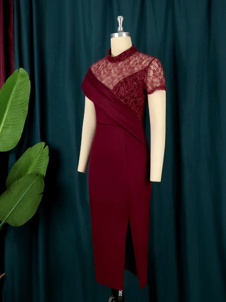 Chic Black Bodycon Dress featuring a Lace Patchwork design and high neck, ideal for evening wear or glamorous events.