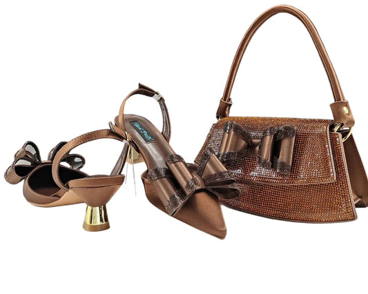 Elegant women's rhinestone butterfly pointed toe shoes in coffee colour, perfect for weddings and parties, featuring a stylish high heel design.