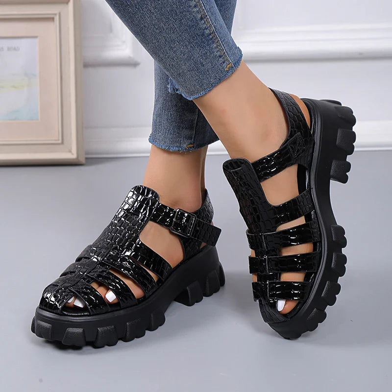 High-quality flat heel gladiator sandals for women, exemplifying elegance with a durable PU upper and a stylish Roman design.