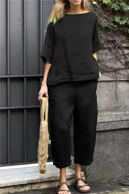 Elegant Luxury Women's Plus-Size Cotton-Linen Two-Piece Shirt and High-Waisted Pant Suit Set in a Soft Fabric, Ideal for Office and Casual Wear.