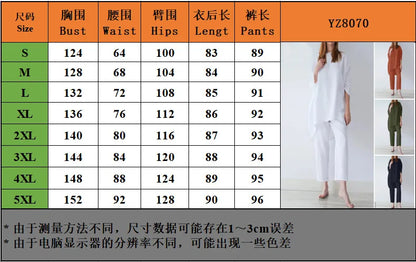 Luxurious polyester fabric blouse and trouser ensemble, featuring a modern pullover and calf-length pants, perfect for sophisticated outings.