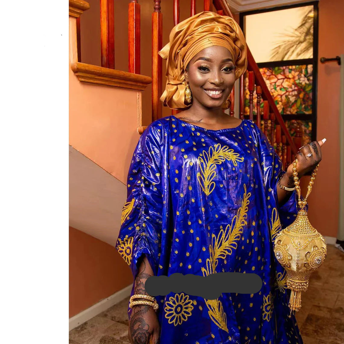 Luxury African Dashiki Bubu Dress in Rich Blue Cotton adorned with delicate Embroidery Lace, showcasing elegance and cultural heritage.