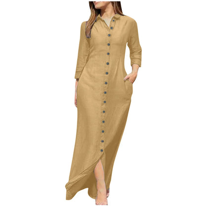 Chic solid cotton blend shirt dress with a turn-down collar, ankle-length and perfect for creating a polished office ensemble.